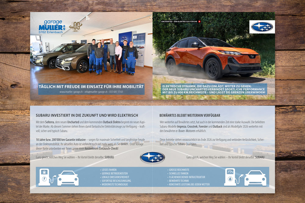 Falzkarte zur Elektromobilität für Garage Müller AG in Erlenbach Falzkarte zur Elektromobilität für Garage Müller AG in Erlenbach
