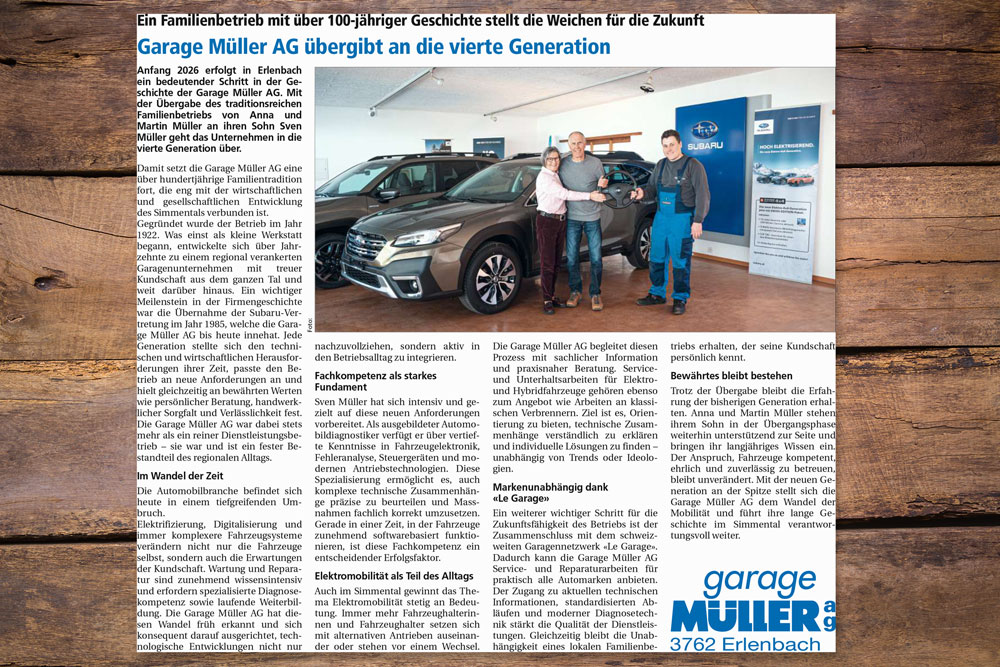 Publireportage in der Simmentaler Zeitung anlässlich Geschäftsübergabe Garage Müller AG