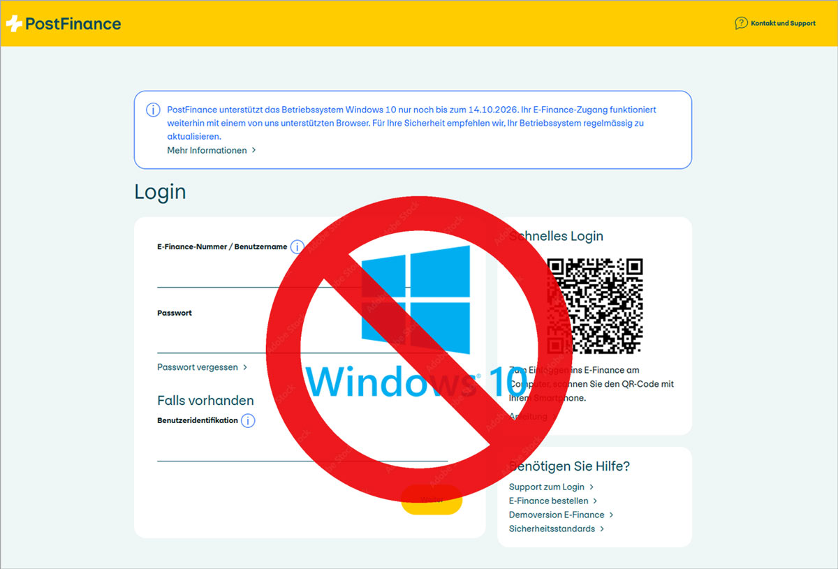 Auch die Postfinance unterstützt Windows 10 bald nicht mehr